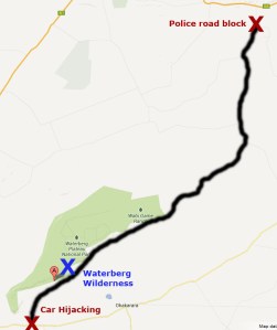 Autoraub, car hijacking, Überfall, robbery, Schweizer Urlauber, swiss tourists, Waterberg, Waterberg Wilderness, Rust, Polizei, police, Polizeisperre, road block, Rietfontein, Grootfontein, Otjiwarongo, Okakarara